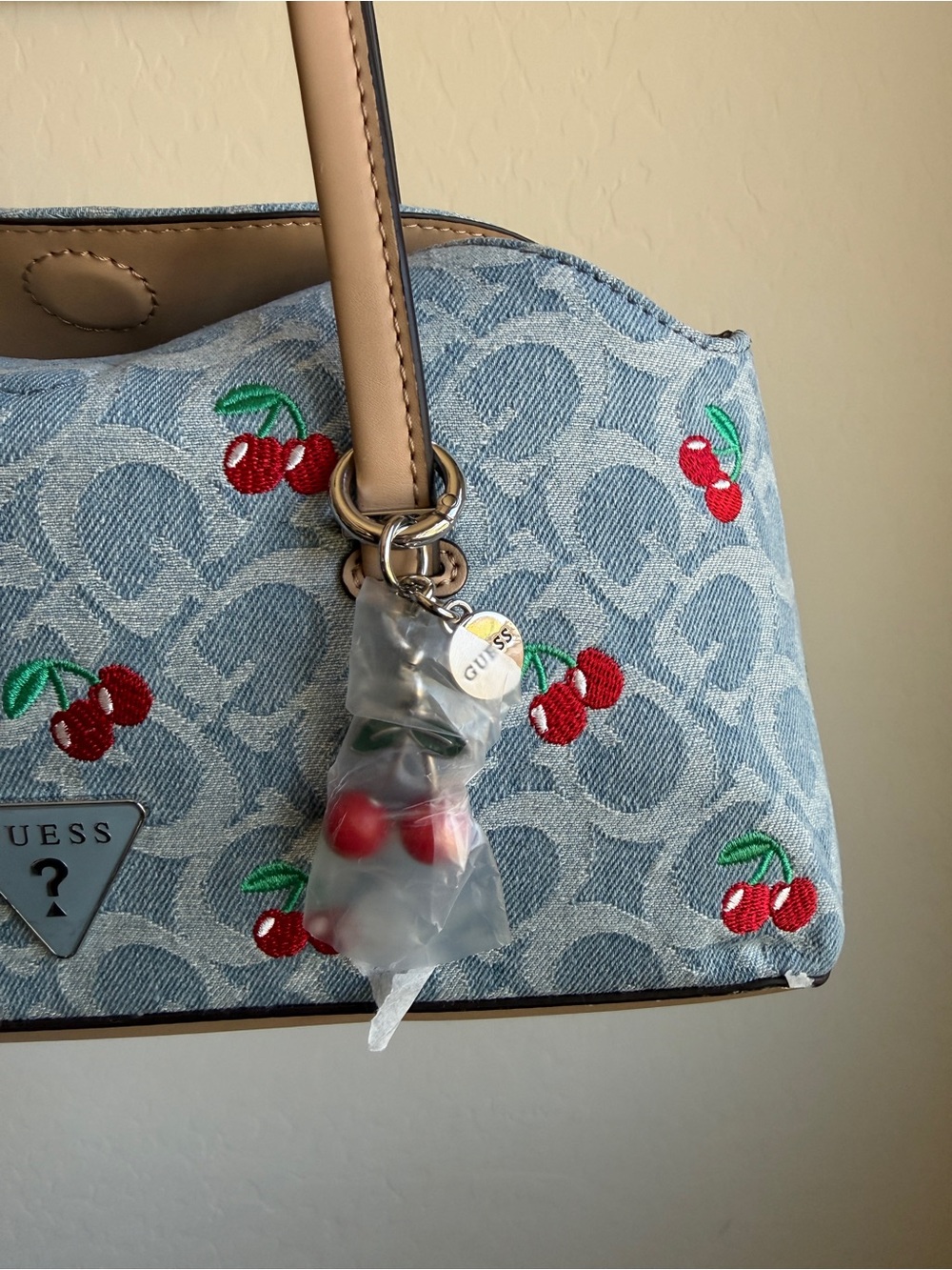 Guess Cherry-Print Shoulder Bag in Denim - Picture 3 of 7